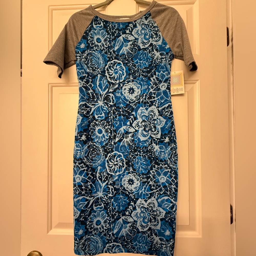 LuLaRoe Blue Floral Raglan Midi Dress with Gray Sleeves